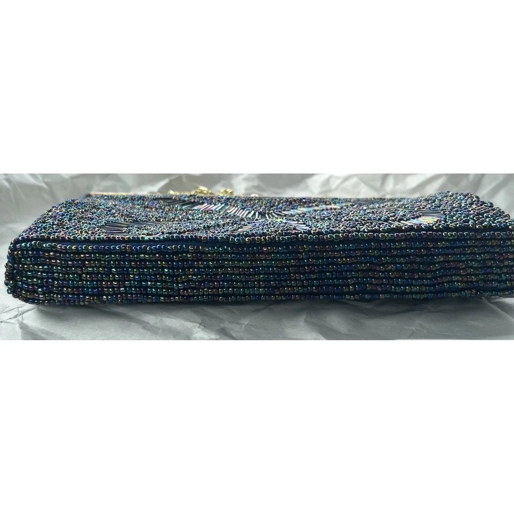 Iridescent Beaded Evening Clutch Bag Gold Tone Frame Chain Strap Navy Blue